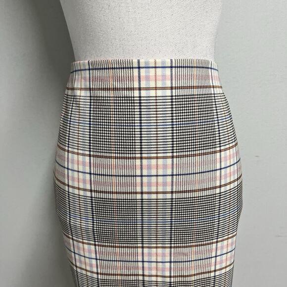 Express Skirt sz 4 Pink Blue Black Plaid Hounds Tooth Pencil Knee Career Casual - Picture 2 of 8